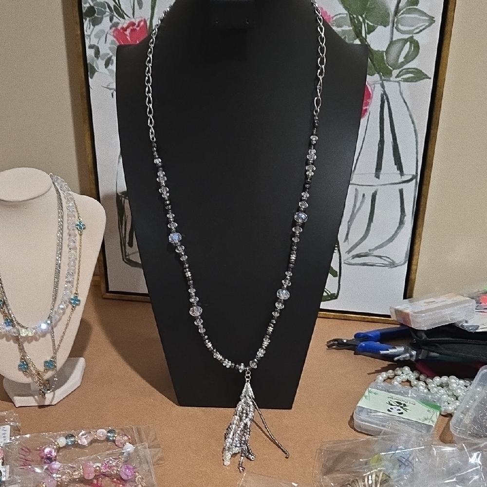Chico's Silver and Black Beaded Necklace with Tassel - Picture 2 of 5